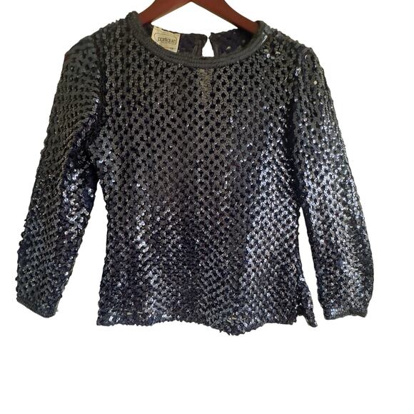 Vintage Partique New York Navy Sequin Openwork Lattice Knit Sweater Medium USA - Picture 2 of 9